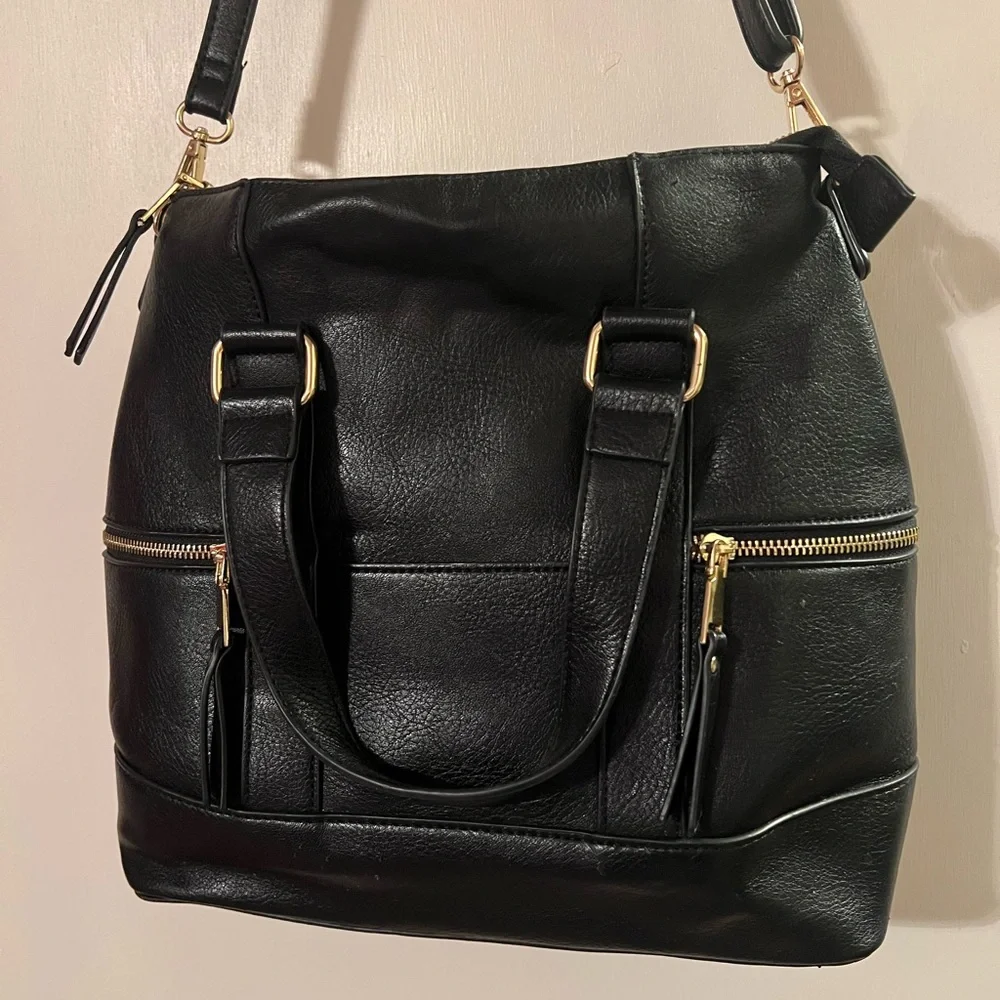 Madison West Black Faux Leather Material Shoulder Backpack with Gold Hardware